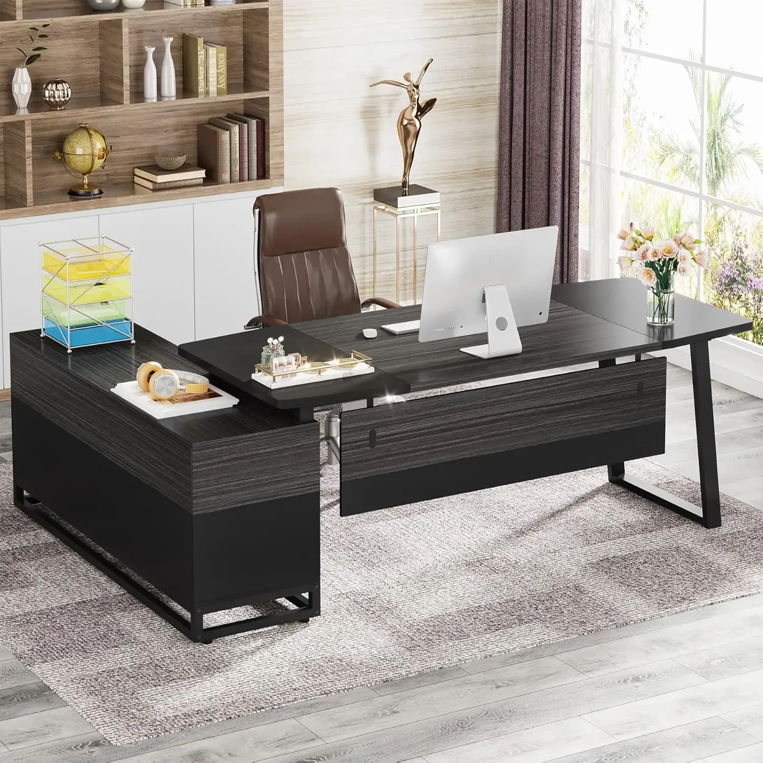 74.8” Executive Desk and 55” Lateral File Cabinet,, Home Office Furniture Desk Set Business Furnitur