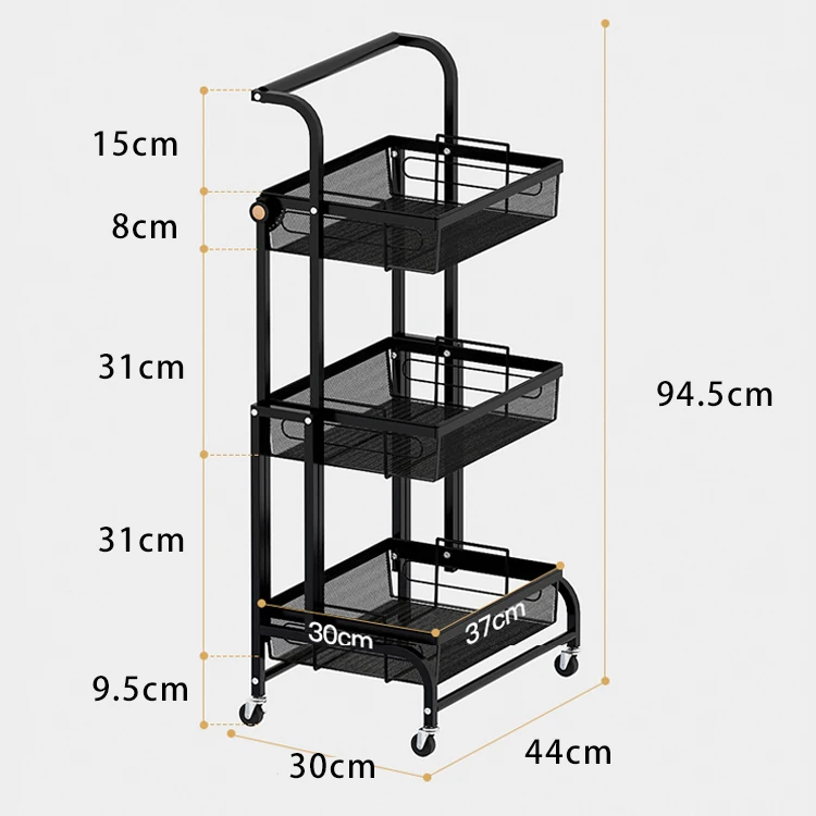 Black 3-Tier Kitchen Trolley Cart with Metal Wheels Carbon Steel Foldable Storage Rack Power Coated Standing Type Installation