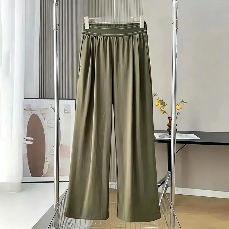 Women Wide Leg Trousers High Waist Contrast Double Stitch Waistband Side Pockets Relaxed Straight Wrinkle Resistant Office