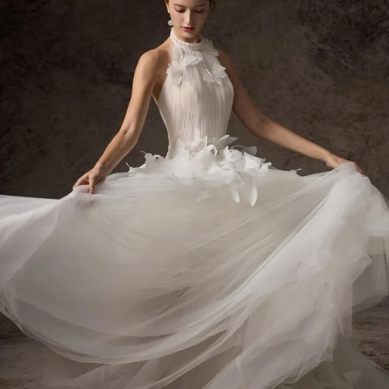 فساتين زفاف بيضاء خارج الكتف مشد صائق 3D فراشة صائق تنورة فساتين الزفاف متعدد الطبقات صنع ﻿ تخصيص
