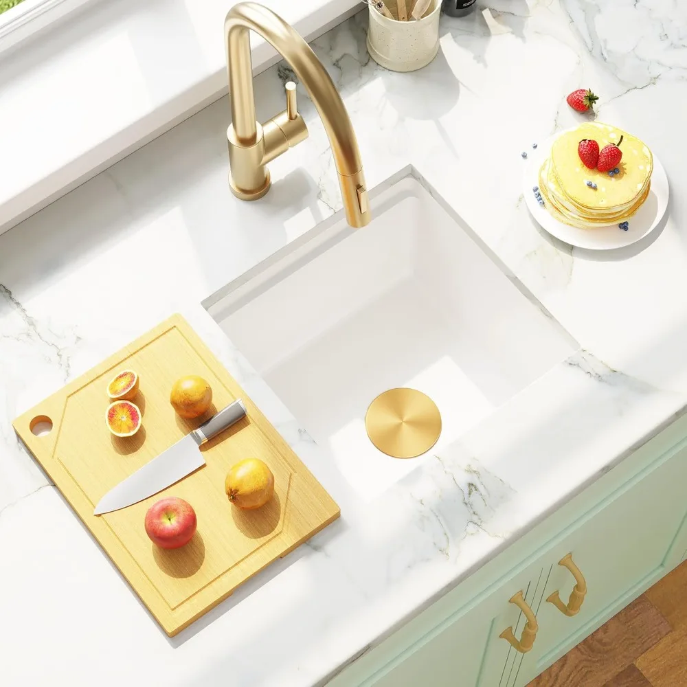 

MILOSEN 16x16 Inch White Granite Composite Undermount Bar Sink for Small Wet Bar or Outdoor Prep Area, 9 Inch Depth, Single Bowl