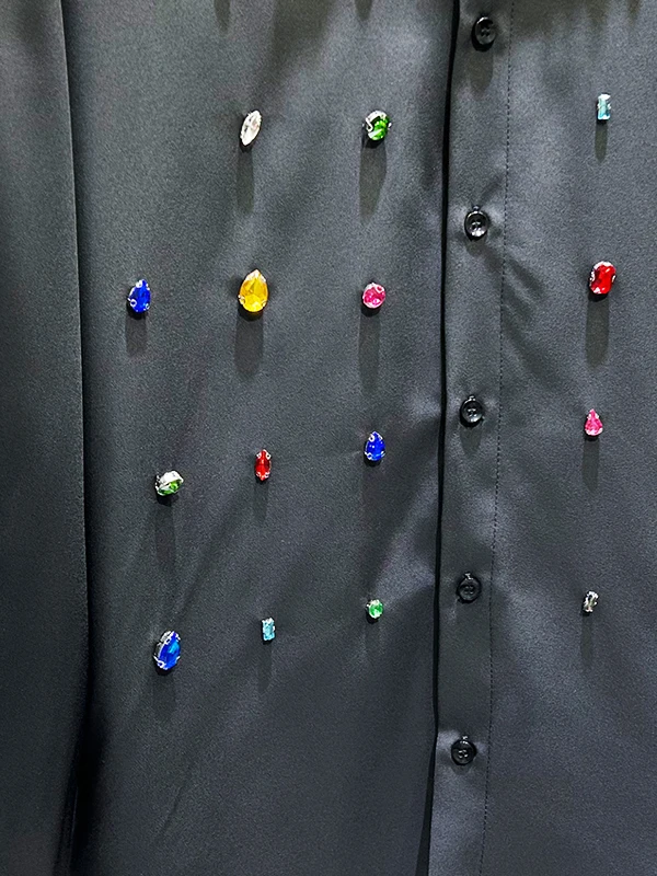 Men's 2025 Autumn New Personality Light Luxury Long Sleeve Shirts Fashion Colorful Gemstones High-end Shirts Solid Color Tops