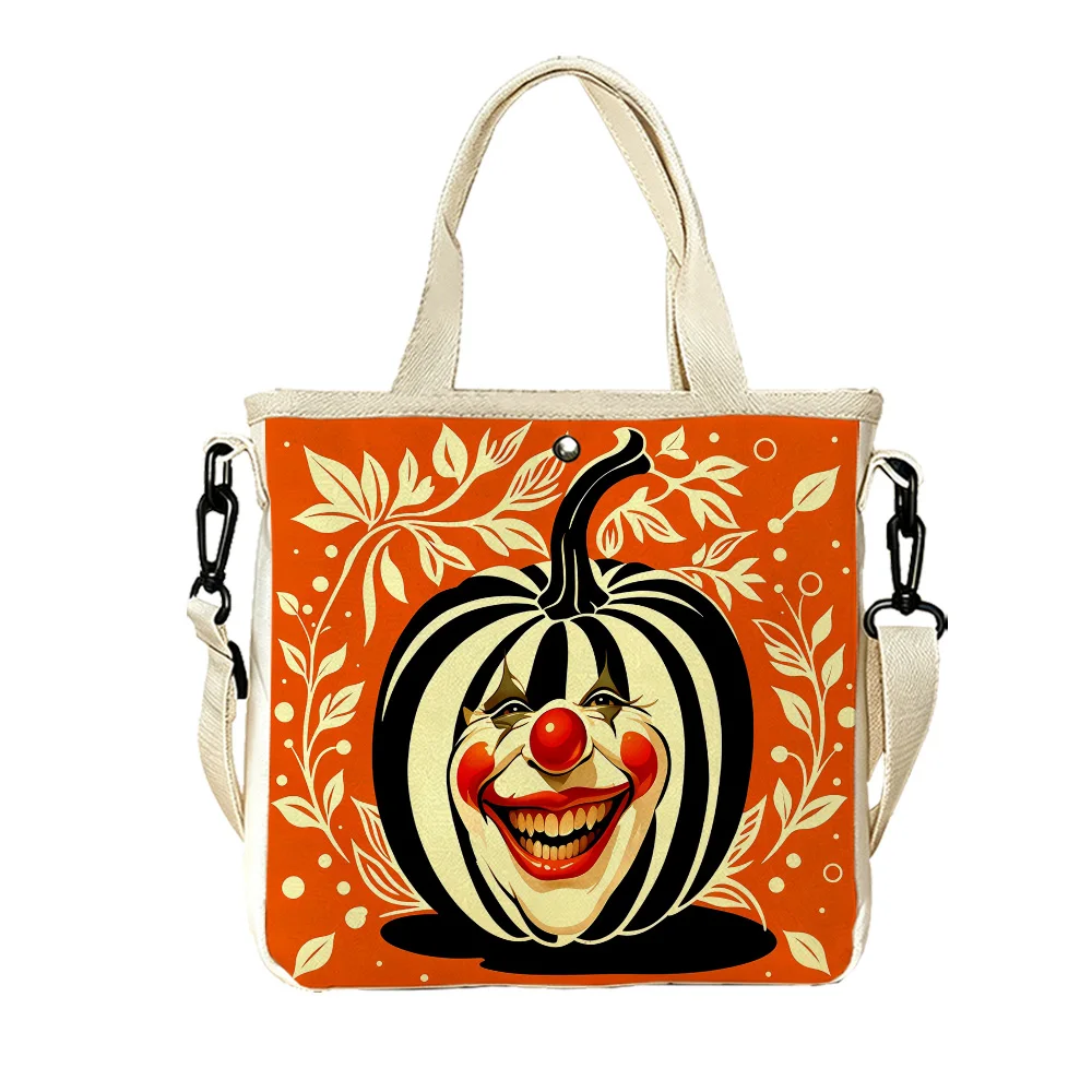 Clown pumpkin face Double-Sided Printed Canvas Tote Bag Removable Convertible Crossbody Strap for Women Campus Life