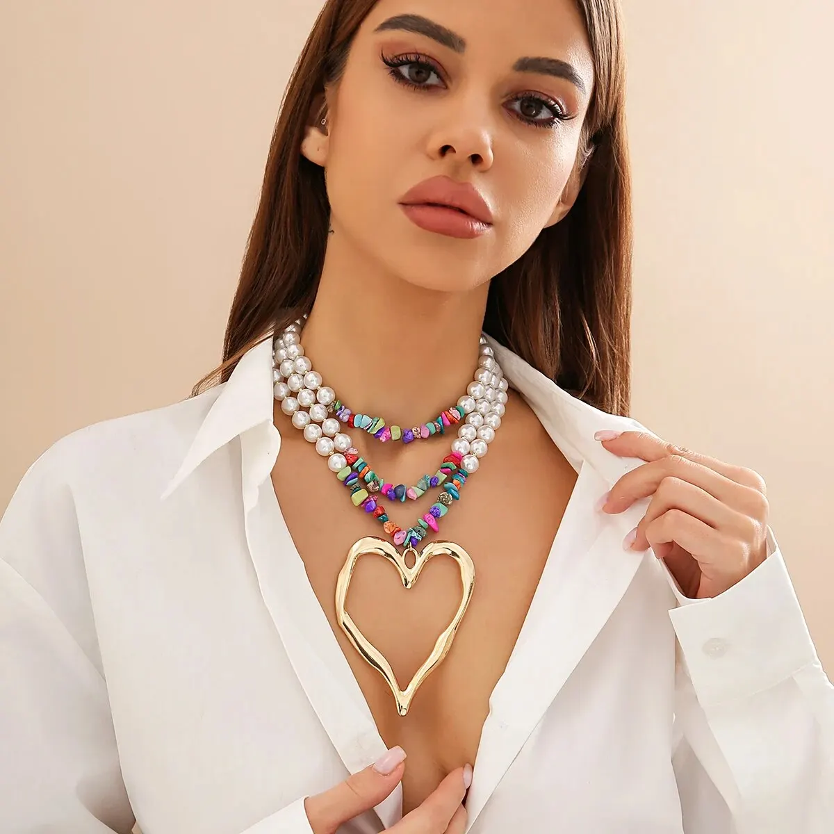 Exaggerated Big Love Heart Pendant Choker Nekclace for Women Wed Bridal Goth Multilayer Imitation Pearl Stone Chain Y2K Jewelry