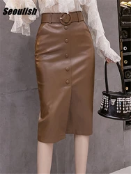 Seoulish Autumn Winter Faux PU Leather Women's Wrap Skirts with Belted 2023 New High Waist Black Office Wrap Sexy Pencil Skirts