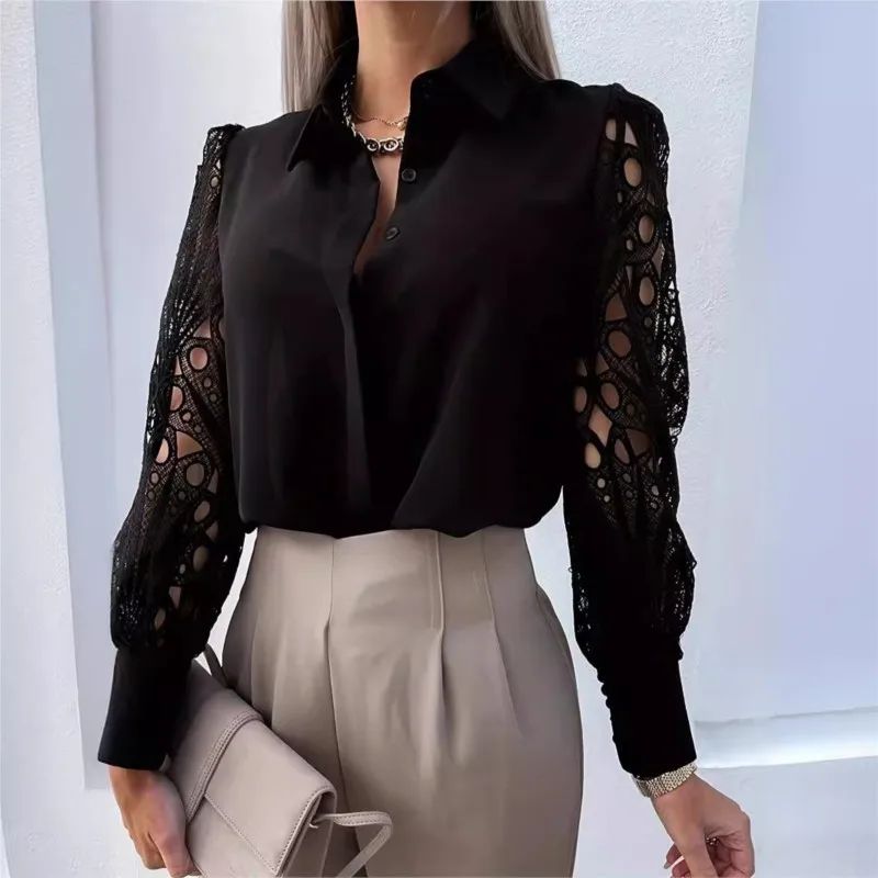 2024 Spring/Summer Solid Color Lace Spliced Shirt For Women Fashion Hollow Out Long Sleeve Single Breasted Blouse Femme Blusas