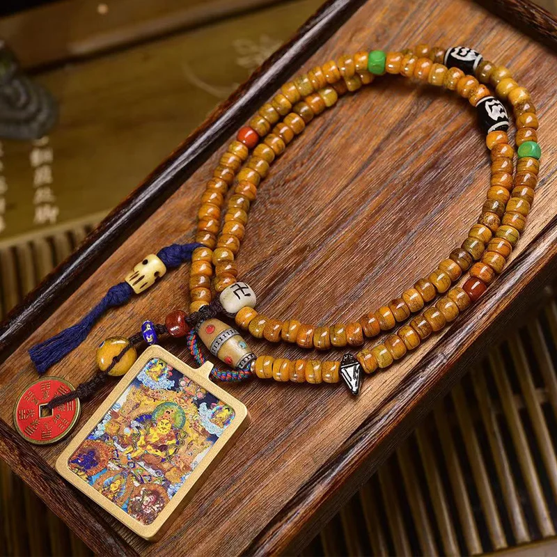 Legend Yak Bone 108 Beads Hanging Neck Tibetan Style Five Gods of Wealth Thangka Amulet Pendant