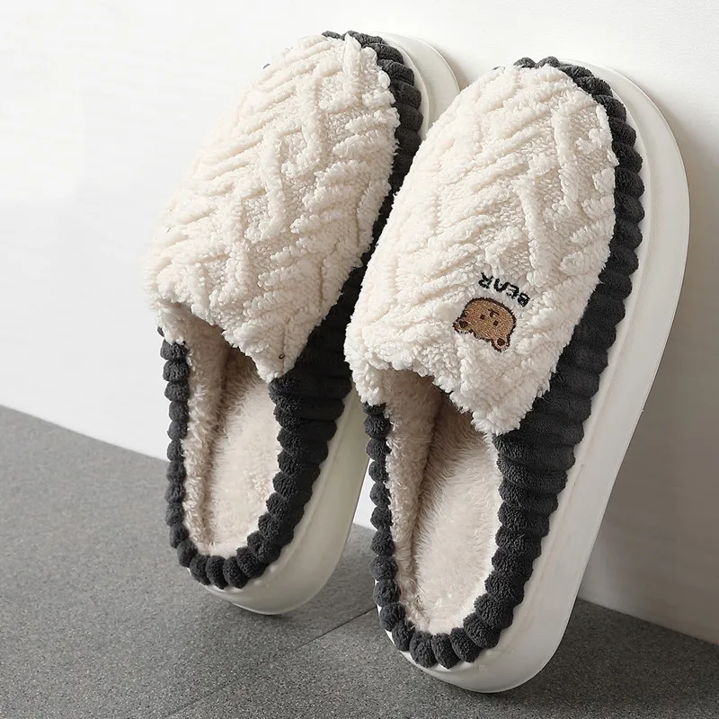 

Women Fluffy Slippers Thick Sole House Slides Men Winter Warm Slipper Non-Slip Cute Couples Soft Shoes Bedroom Plush Flats