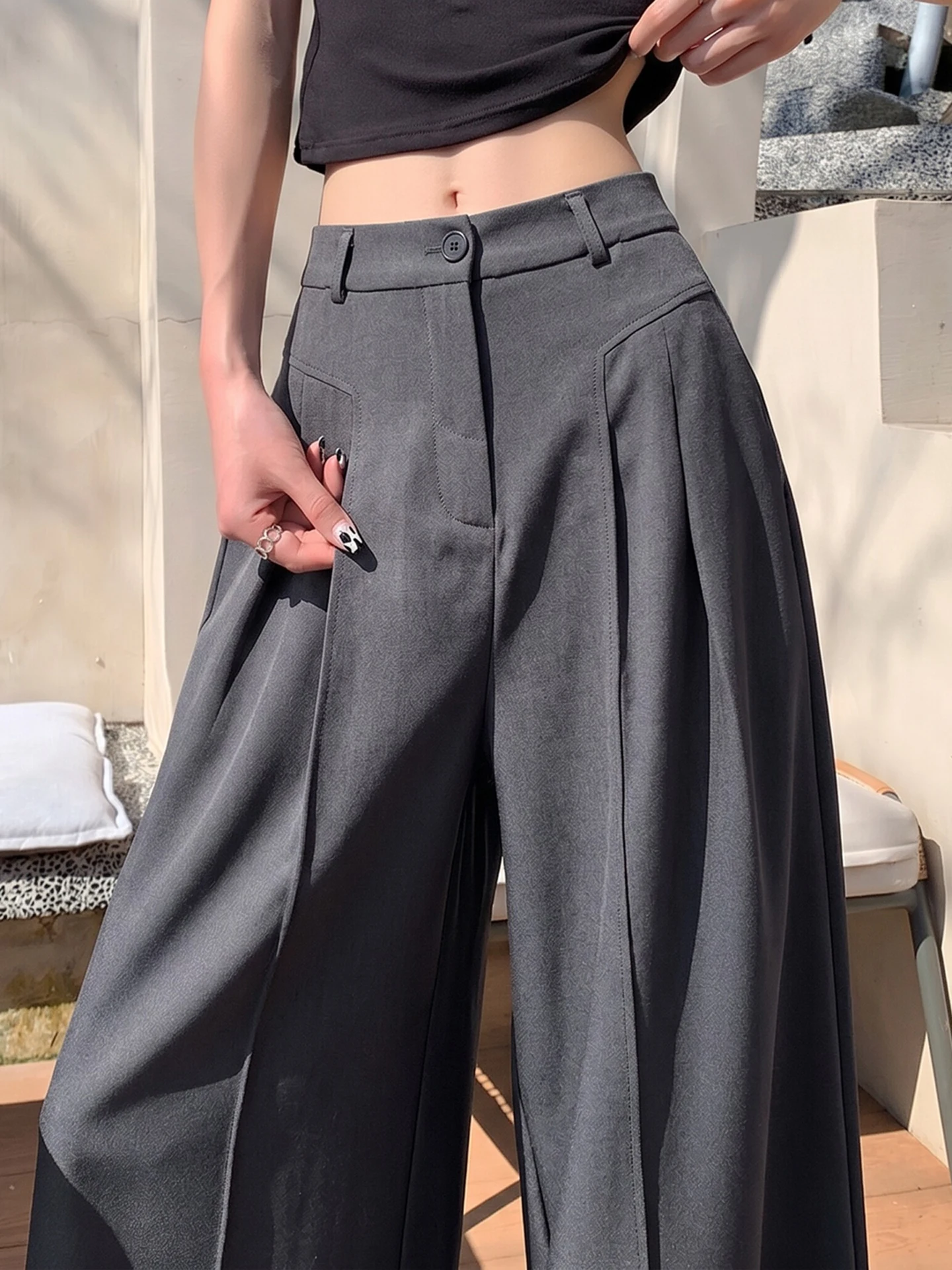 

Deep Grey Linen Silk Tailored Pants Women Summer Thin High Waist Slimming Loose Drapey Floor-Length Ice Silk Wide Leg Pants