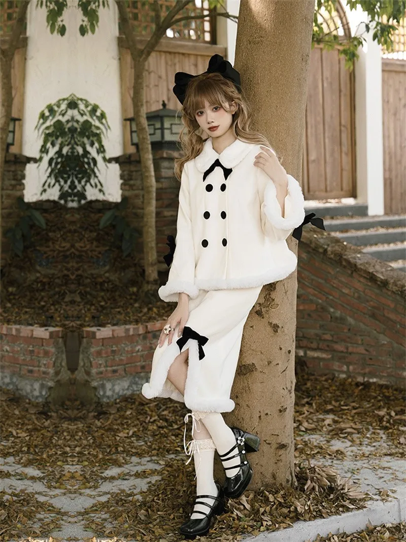 Winter Plush Lolita Set White Breasted Coat Split Buttocks Skirt Woolen Cloth Set Winter Warm Skirt Set