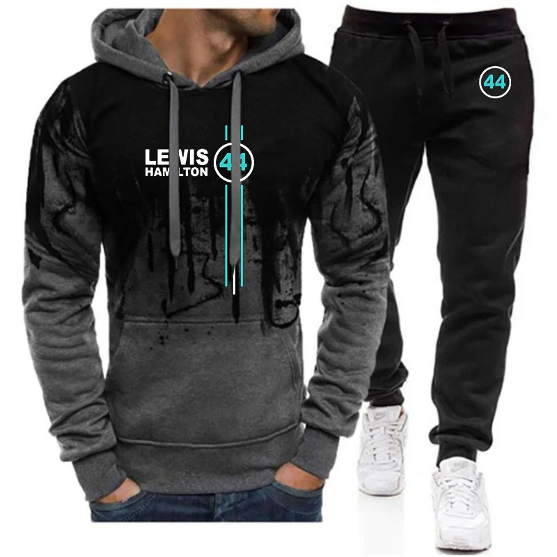 F1 Driver Lewis Hamilton Digital 44 Men Fashion Spring Autumn Gradient Color Hooded Hoodie + Print Sweatpant Sportwear Suit