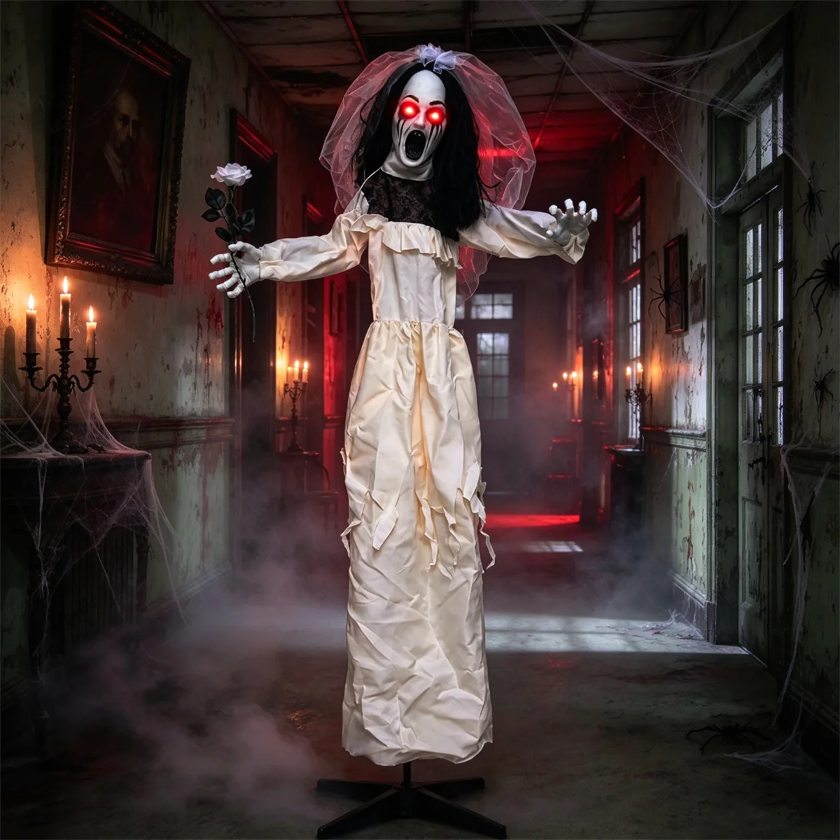 5.7ft Spooky Ghost Bride Animatronic with Withered Rose & Tattered Veil, Life Size Halloween Decor for Home and Commercial Haunted Event