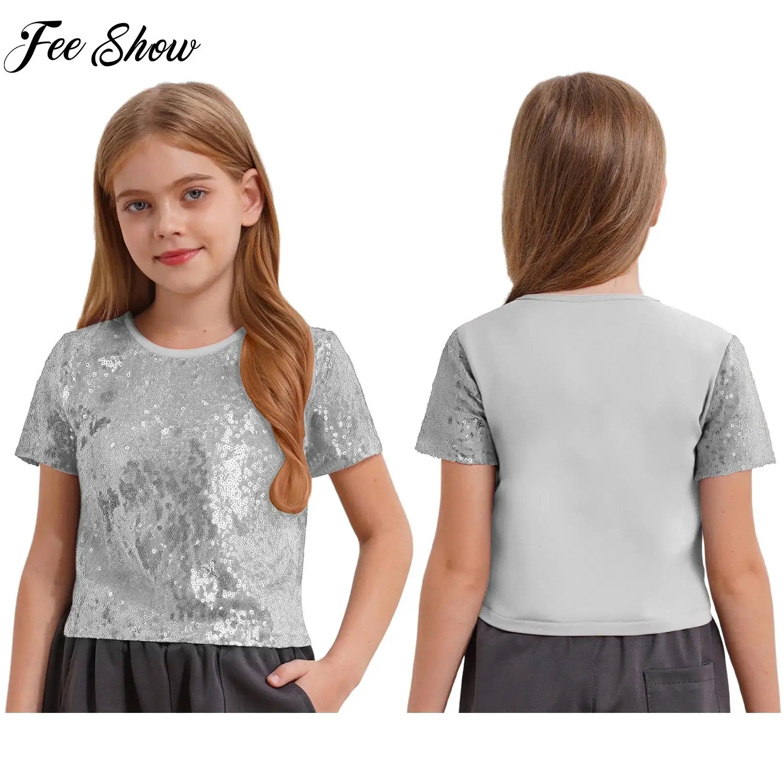 

Girls Jazz Dance Tops Hip Hop Dancing Costume Kids Casual Daily Wear Short Sleeve Sequin Crop Top for Holiday Performance Party