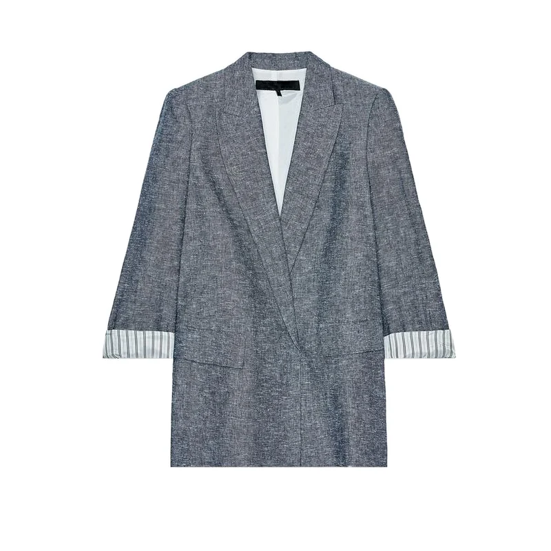 

Spring New Arrival Women's Simple Linen Blend Roll Sve Notch Collar Commute Sle Suit Jaet Loose Fit Long Sve Pure C...