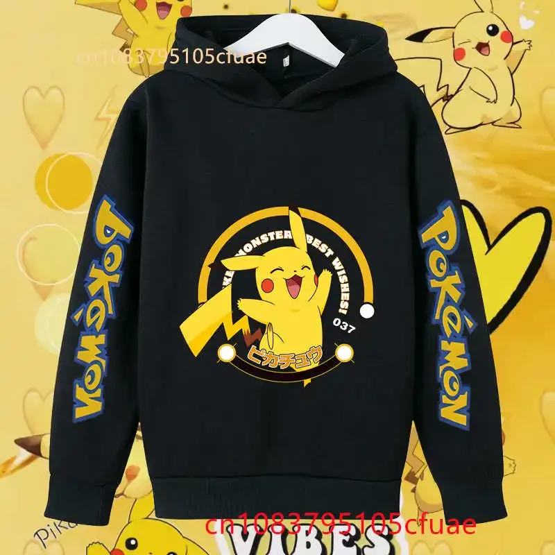 

Hot Kawaii Pokemons Black Hoodie Set Kids Clothes GirlsClothing Baby Boys Autumn Pikachu Birthday Sweatshirt Children Tops+pants