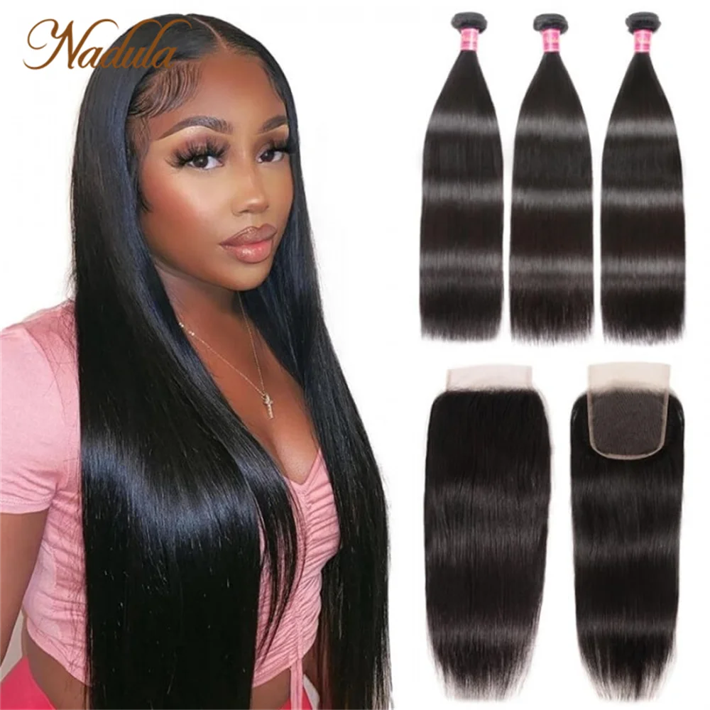 Nadula Hair 3 Bundles Straight Hair With Closure 4x4 Lace Closure With Bundles With Closure 5x5 HD Lace Closure Remy Human Hair