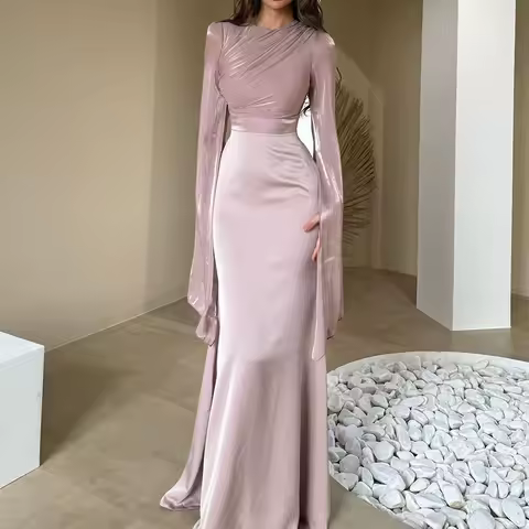 Fashion Satin Solid Maxi Dresses for Women Temperament O Neck Batwing Sleeve Slim Evening Dress Elegant High Grade Ladies Dress