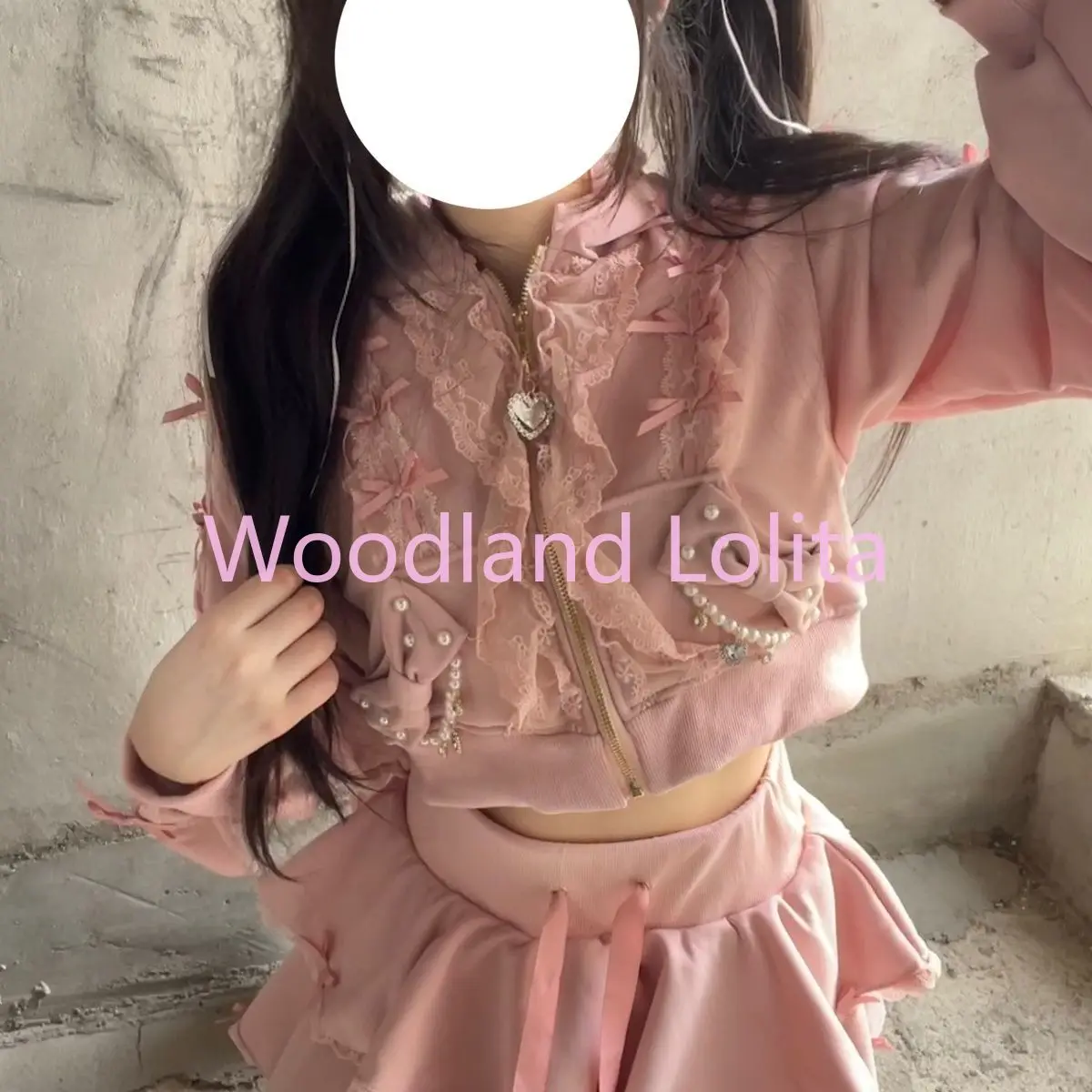 Spring Autumn Lolita 2 Piece Set Heavy Craftsmanship Sweet Cute Pearl Lace Edge Hoodies Women Pink Zipper Hoodie and Skirt Sets image 6