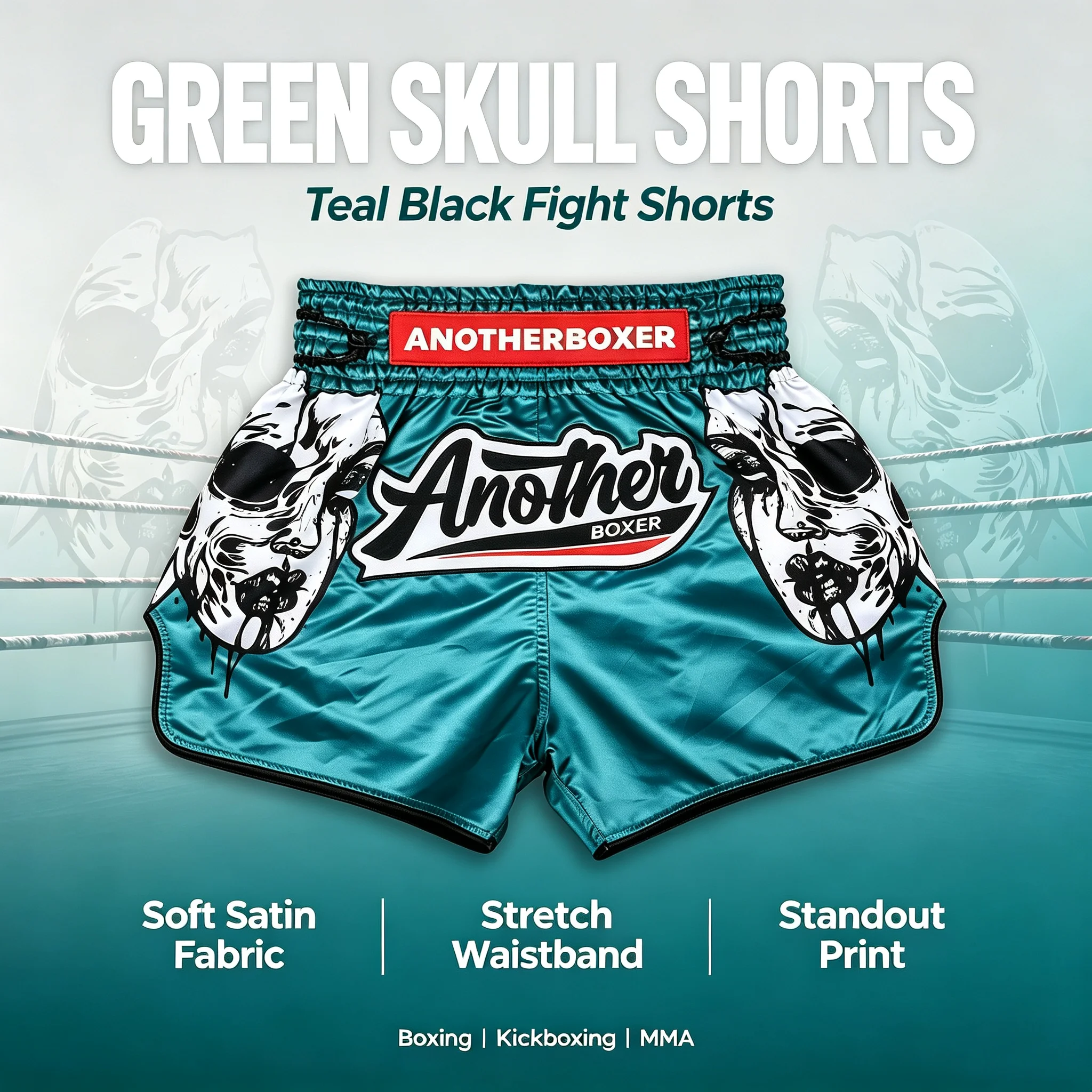 Türkis-Schwarze Muay Thai Shorts Satin Box-Kampfhosen Unisex Herren Damen Leichtgewichtige Totenkopf Kampfsport Kickbox-Hosen