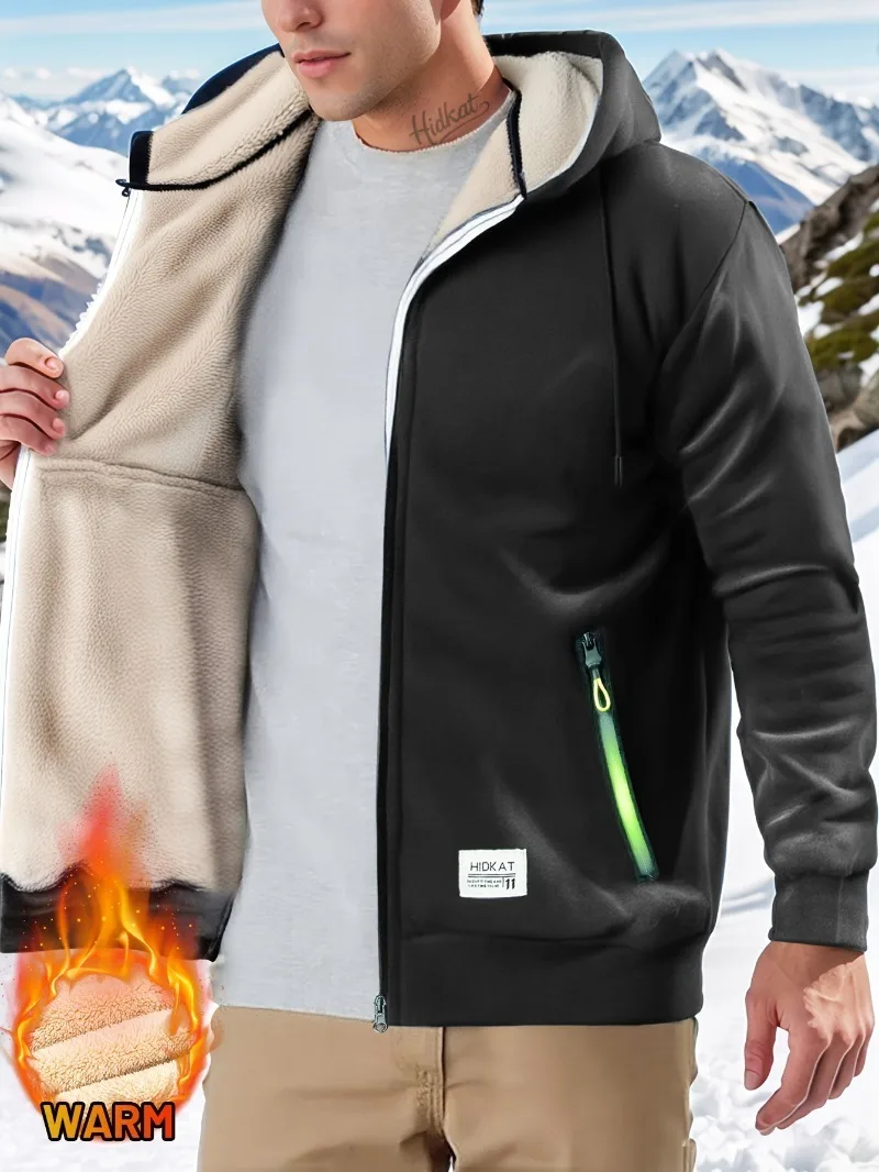 

Men's Insulated Full-Zip Hooded Sweatshirt with Plush Lining Zippered Pockets, Warm Winter Pullover for Outdoor Sports Casual