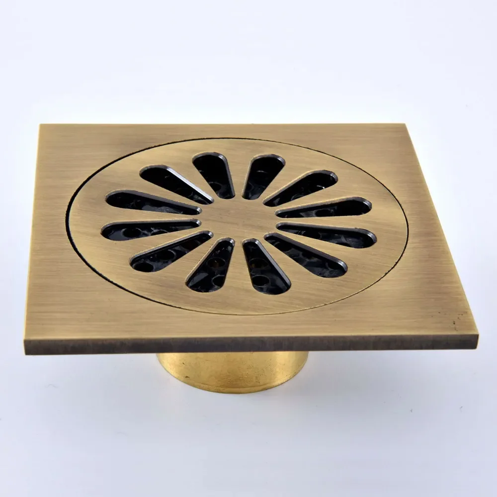 Antique Brass Vintage Carved Flower Pattern Bathroom Shower Drain 4