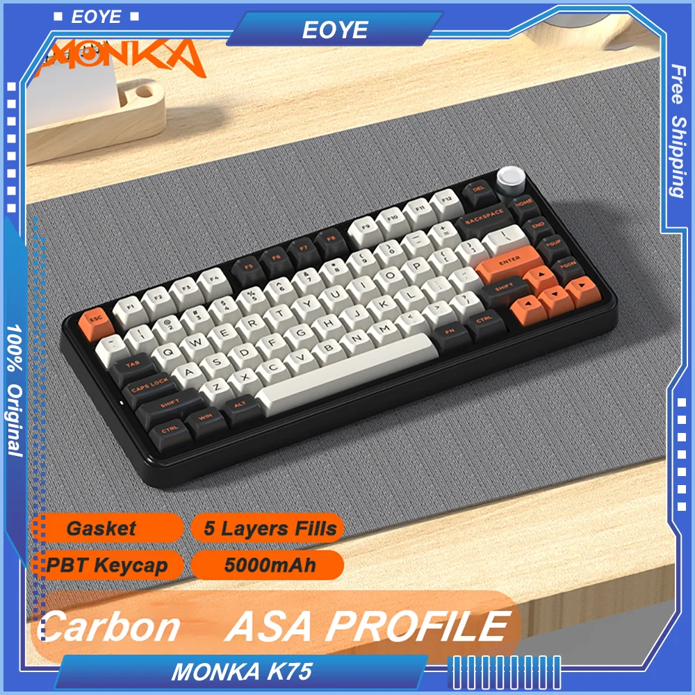 MONKA K75 Retro Tri-mode Gasket Mechanical Keyboard Wireless Bluetooth 2.4g Customized Hot Swap Gaming Office Ergonomic Esports