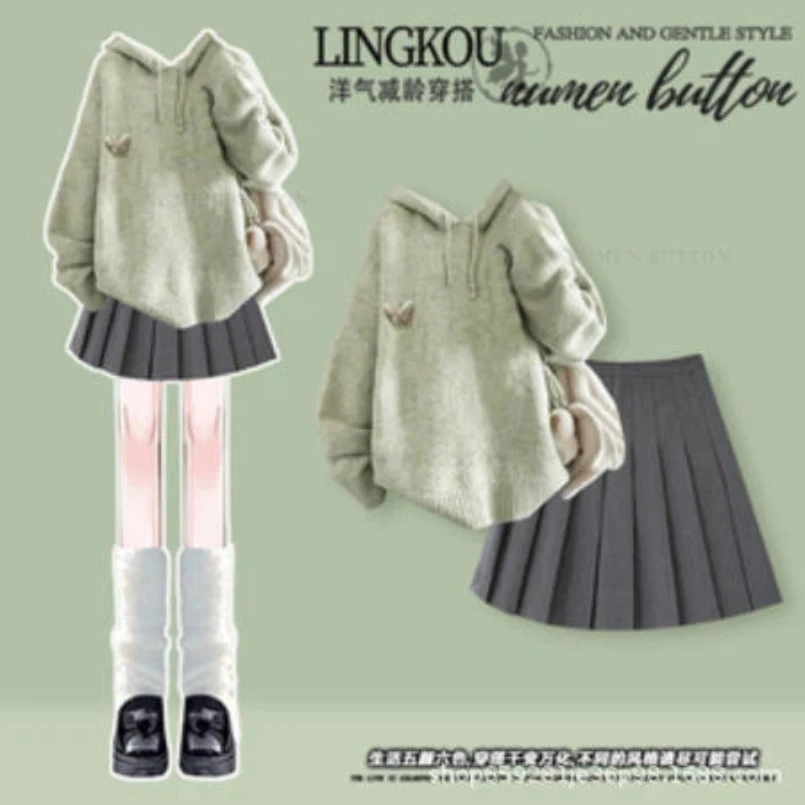 مجموعة أزياء المرأة الربيع والخريف فراشة مقنعين محبوك سترة عالية الخصر مطوي تنورة قصيرة قطعتين مجموعة