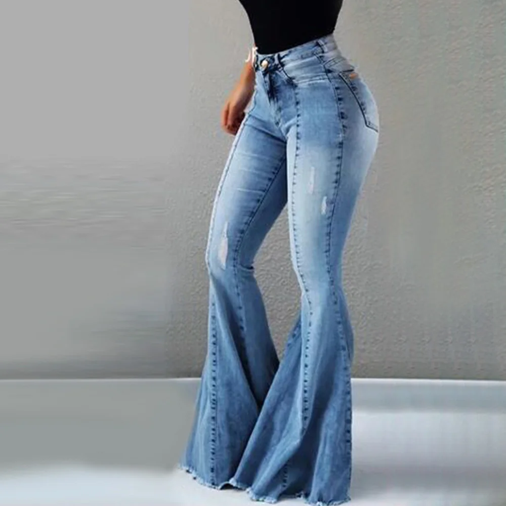 Women Stretch Female Flare Trouser Wide Leg Ripped Jeans Slim Fit Denim Pants Bell Bottom High Waist Bootleg Jeans