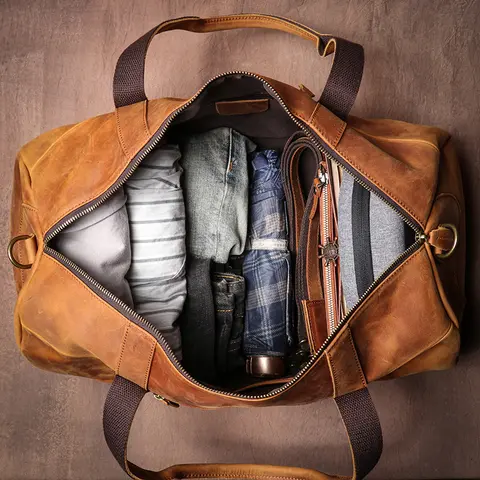 LUOKIR 남성용 럭셔리 정품 가죽 여행 가방, 빈티지 크레이지 호스 소가죽 숄더 러기지 백, 캐주얼 핸드백 주말 더플 백