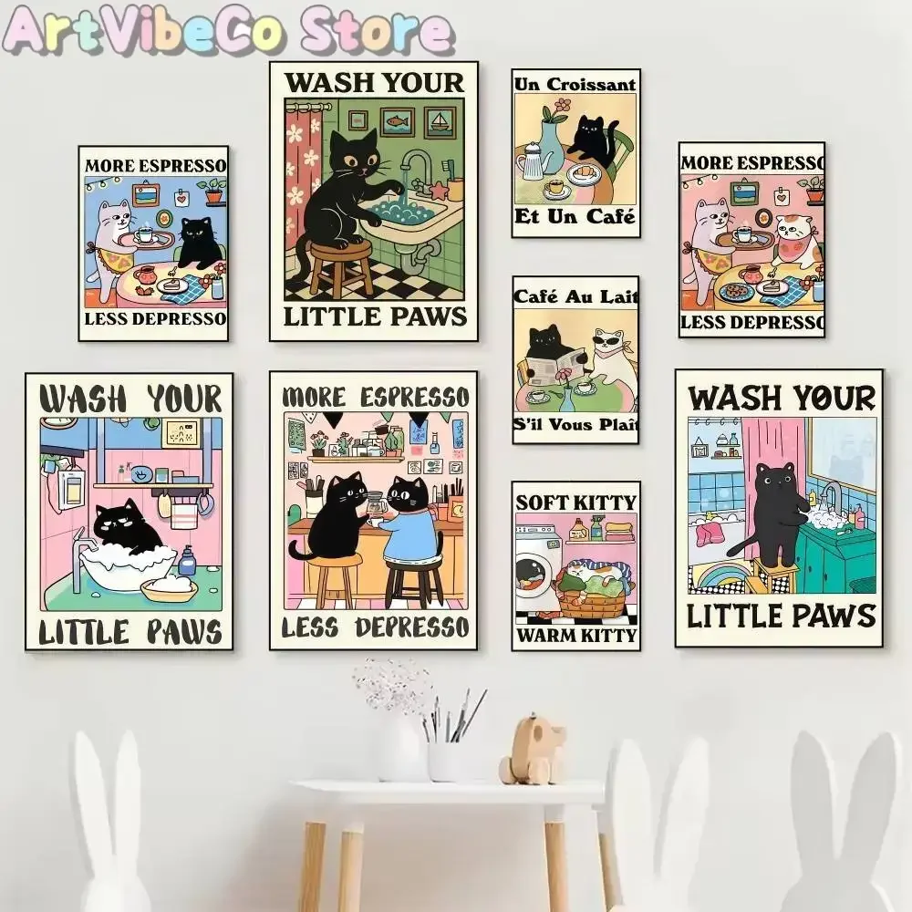 More Espresso Less Depresso Black Cat Wash Your Posters Fancy Wall Sticker for Living Room Bar Decoration Wall Decor