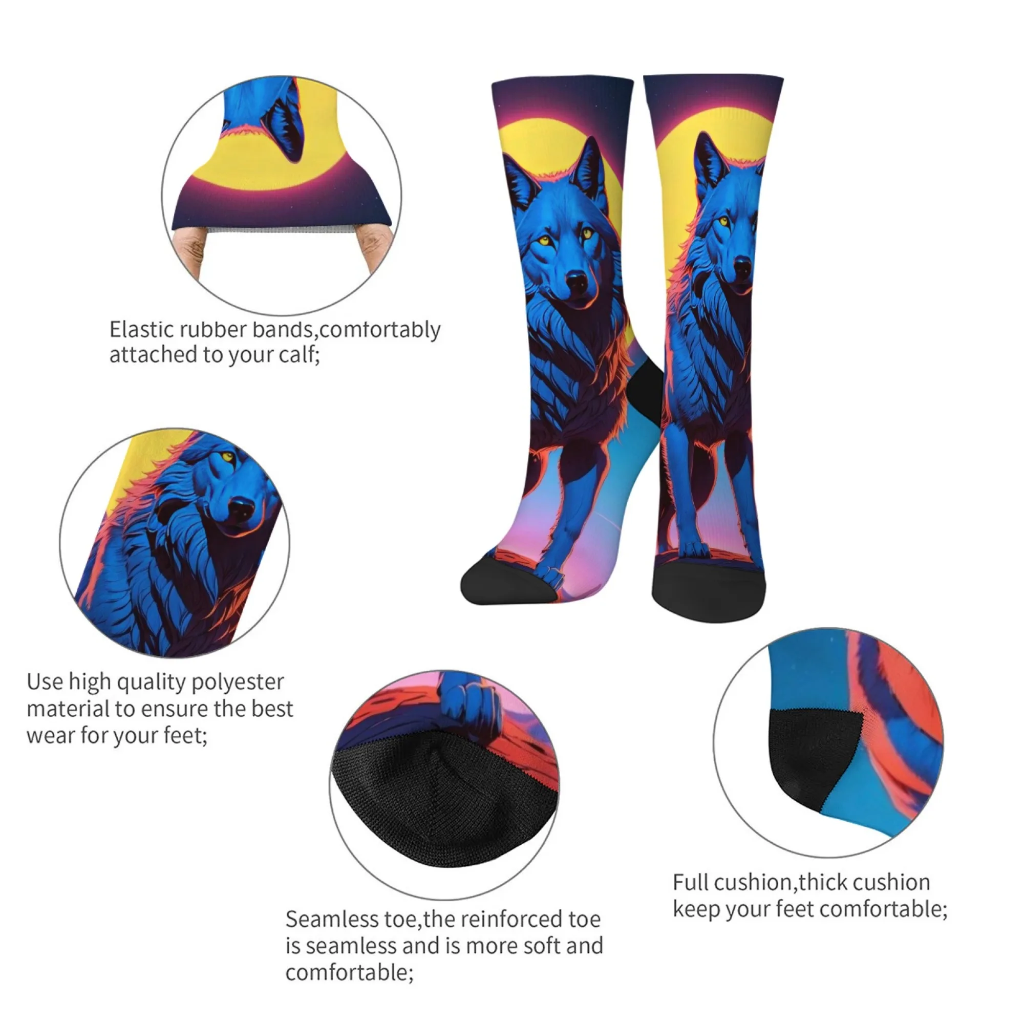 Neuartige lebendige blaue Wolf-Druck-Herrensocken, Harajuku, Retro-Farbverlauf, Sonnenuntergang, Crew-Socken, bequem, atmungsaktiv, rutschfeste Socken, Geschenk