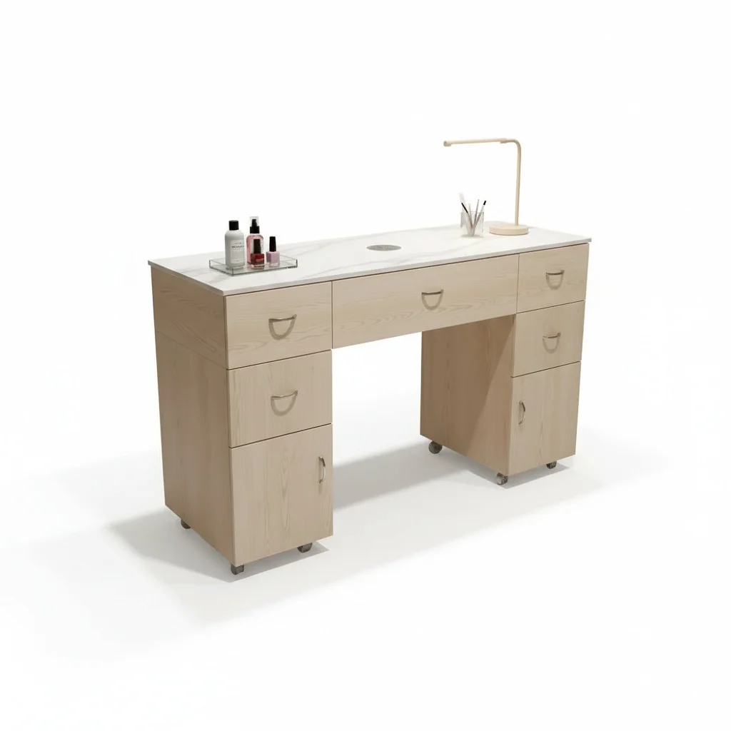 

Nail Salon Manicure Table, Wood and Marble, 128*45*80cm, Wooden Manicure Desk with Dust Collector, Nail Beauty Workstation
