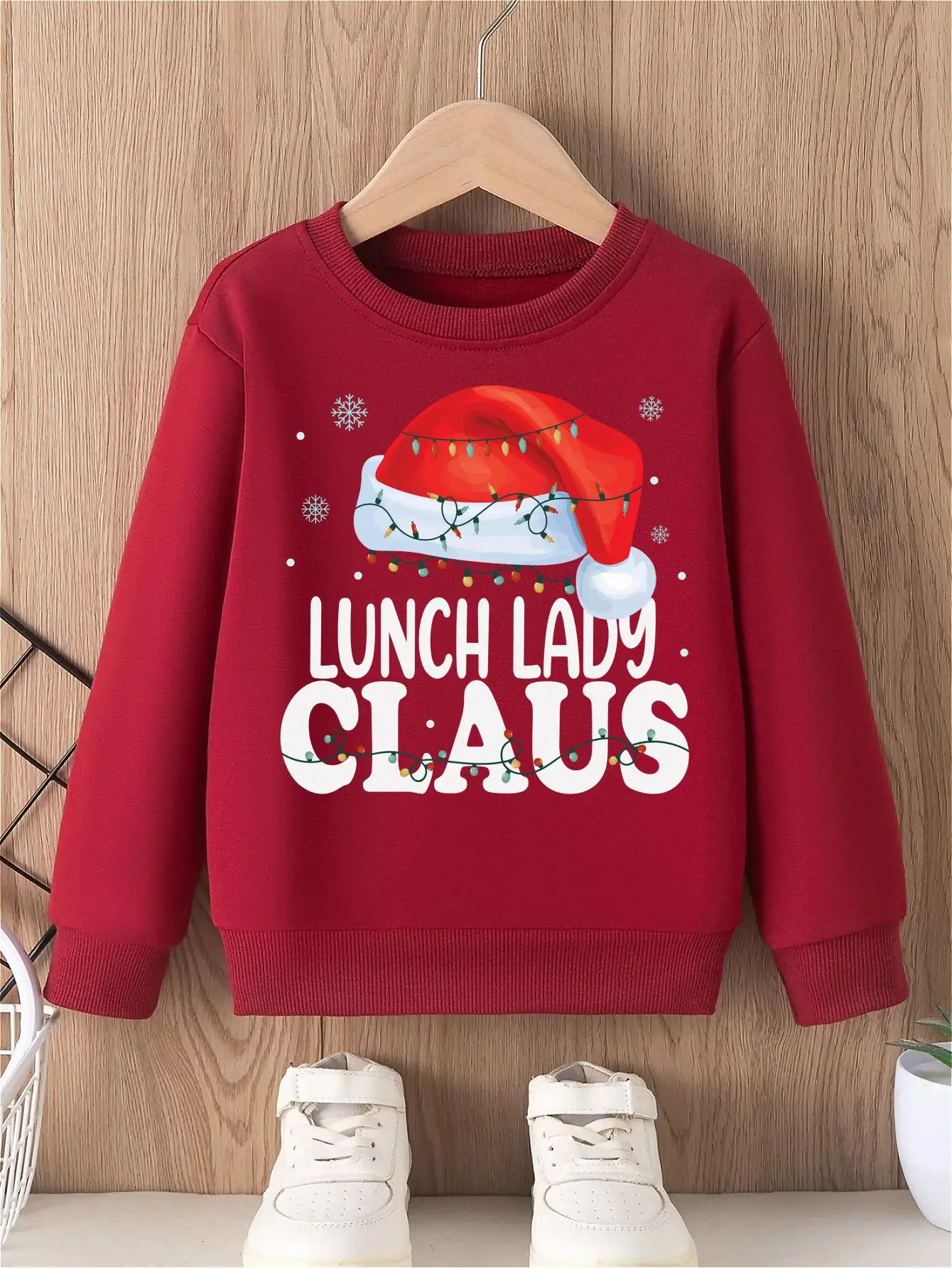 سويت شيرت بدون غطاء للفتيات مع قبعة سانتا وأضواء عيد الميلاد مطبوع عليه أضواء عيد الميلاد الاحتفالية للغداء للسيدات، تصميم مريح برقبة دائرية