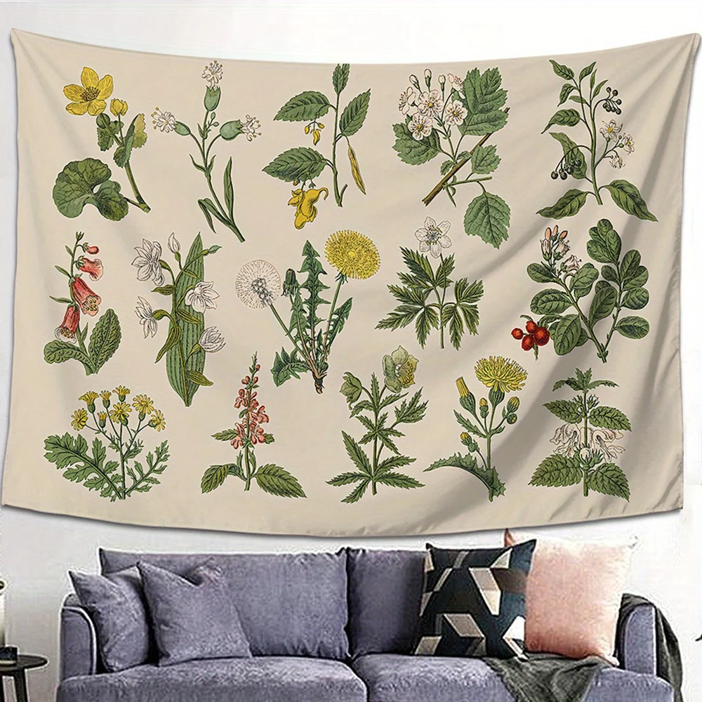 1pc Botanical Herb Tapestry, Wild Flower Wall Hanging, Cool Room Stuff, Large Size, Polyester 2D Print, Bedroom Stuff, Cottageco