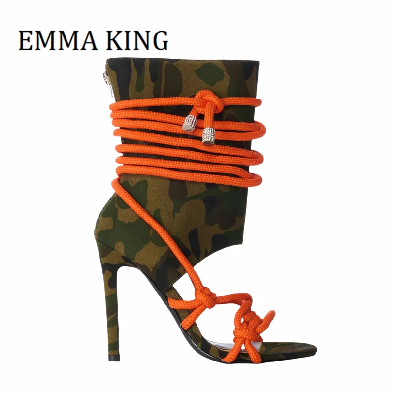 Sexy Peep Toe Strappy Camo Sandal Summer Women Fashionable Design Stiletto Heel Lace Up Sandals Female Mid-Calf Shaft Shoes 44