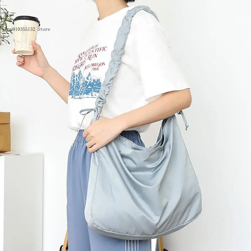 Korean Version Simple Large Capacity Drawstring Pure Color Canvas Ins Casual Nylon Cloth Shoulder Crossbody Bag for Women