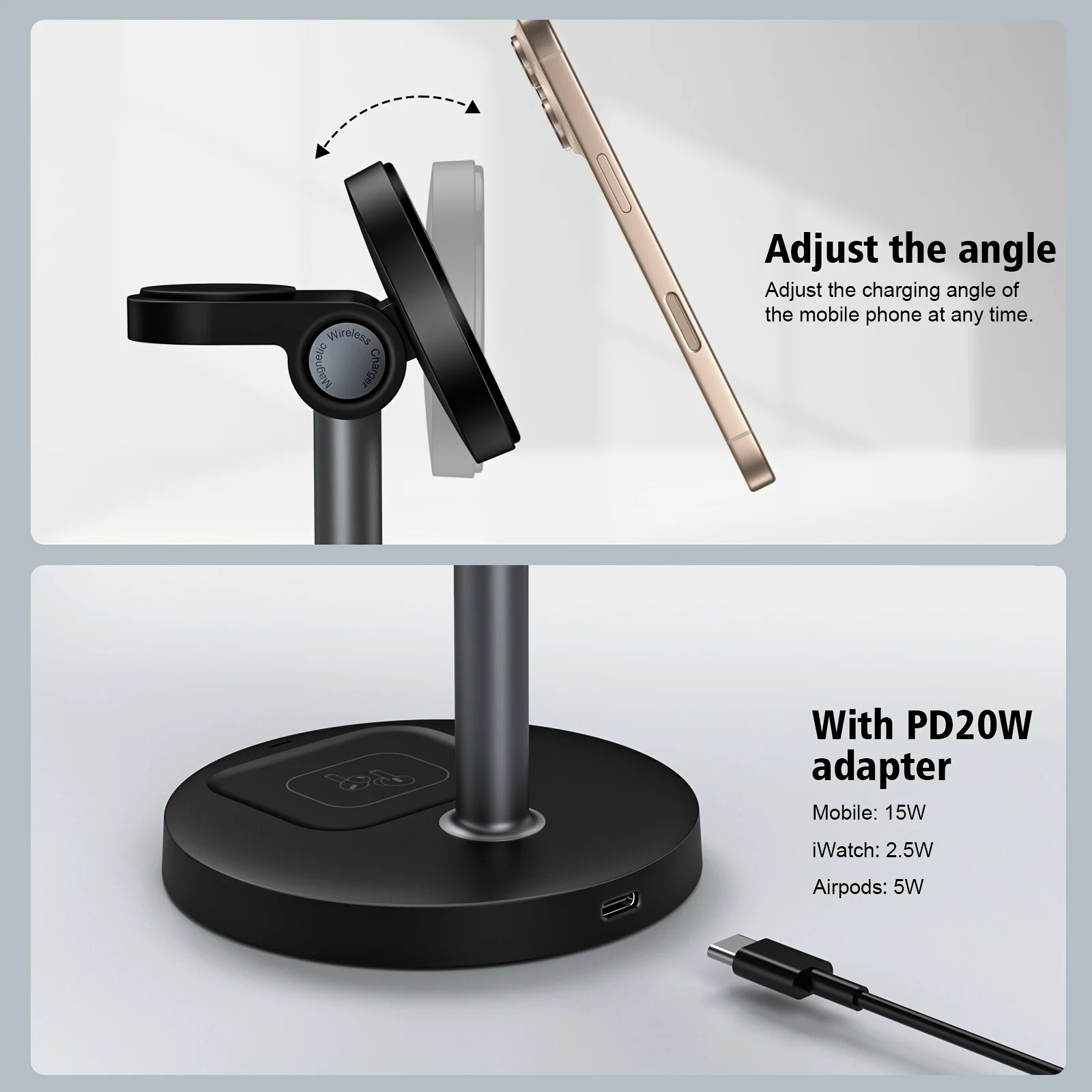 3 In 1 Magnetic Wireless Charger Adjustable Stand For iPhone 16 15 14 13 Pro Max iWatch 10 9 8 AirPods Pro Fast Charging Station