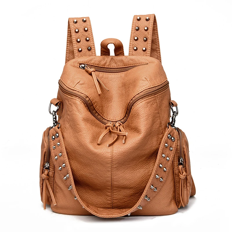 New Luxury Brand Woman Backpack High Quality Leather School Bags Rivet Moto Style Women Backpacks Vintage Soft Lady Shoulder Bag