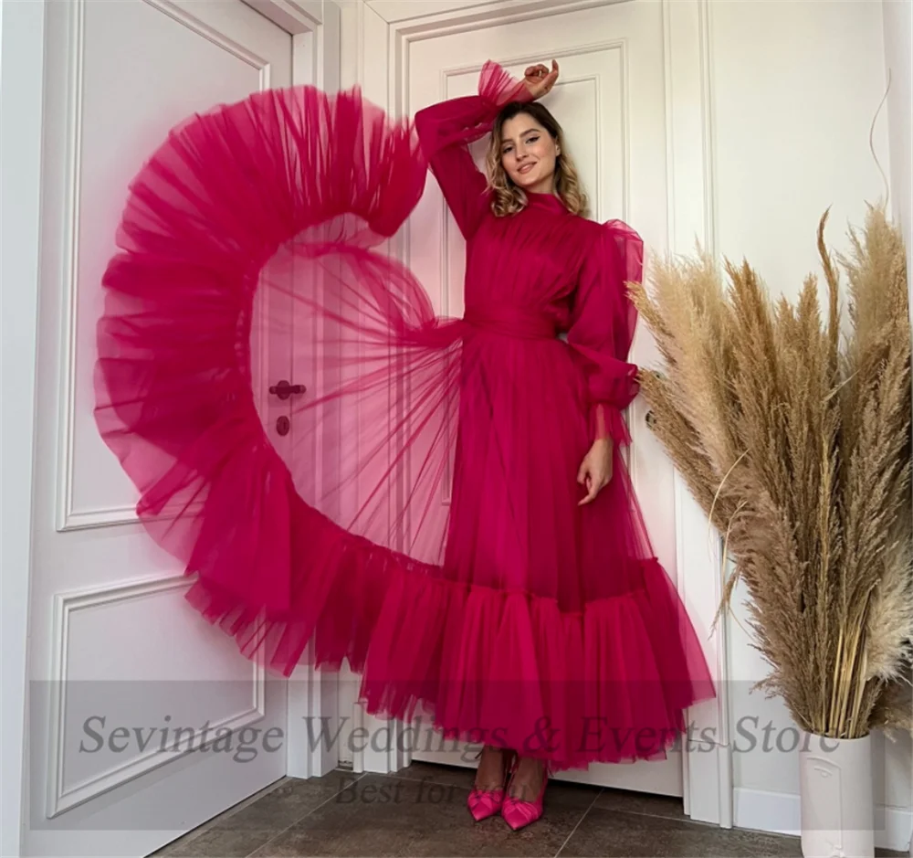 Sevintage Fuchsia Long Sleeves Prom Gowns A Line Tulle Tiered Skirt Short Formal Special Party Dresses Women Bridesmaid Dress