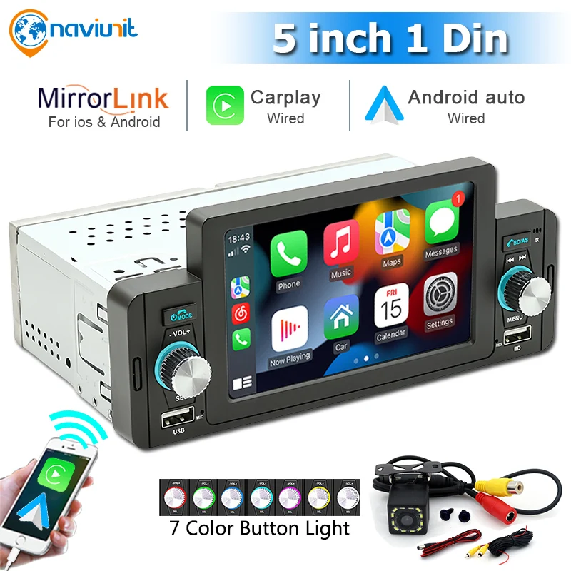 

5" Screen Car Radio Stereo Bluetooth Carplay MP5 Player Android-Auto Hands Free USB charging Mirror Link Multimedia Auto Radio