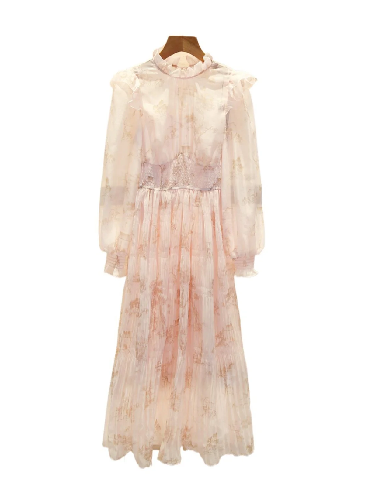 

Ele High Waist A-Line Dr with Pleated Neline And Waist-Cinching Print in Chiffon for Young Profional Women