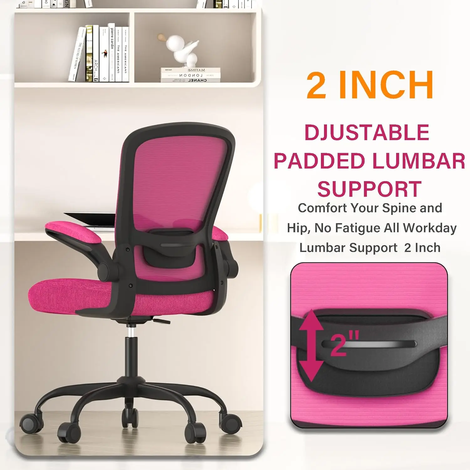 Office chair, ergonomic adjustable lumbar support, high back mesh computer chair with flip armrests