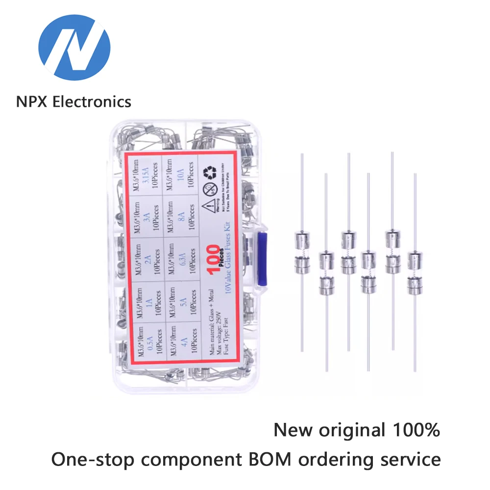 

10 types, 100 pieces. 3.6X10mm glass fuse tubes with broken pins, capable of breaking at 0.5A to 10A. Boxed product.