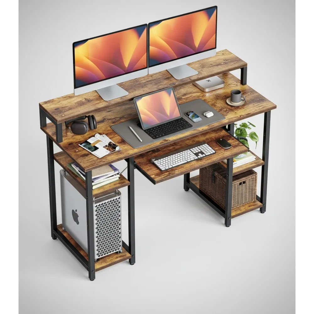 

47-дюймовый компьютерный стол с подставкой для клавиатуры, подставкой для монитора и полками для хранения — рабочая станция для домашнего офиса в деревенском коричневом цвете