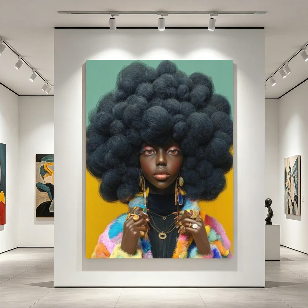 Aesthetic Afro Black Woman Portrait Canvas Wall Art African American Lady Poster Print Vibrant Fashion Queen Canvas Painting