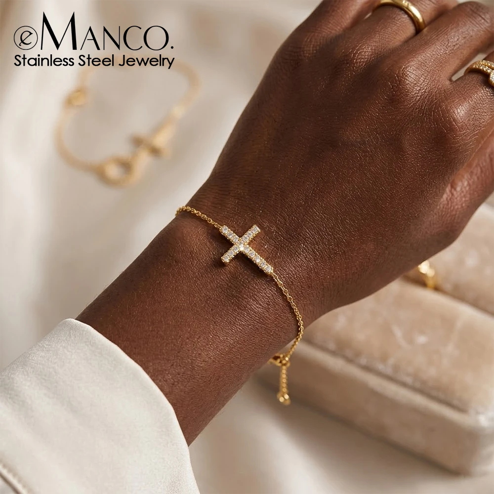 EMANCO Gold Color Stainless Steel Delicate Link Bracelet with CZ Cross Pendant Minimalist Style for Everyday Wear Jewelry