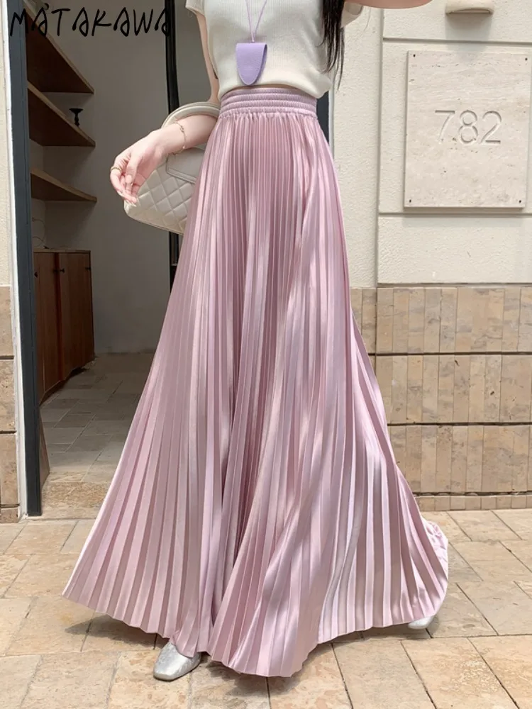 

Matakawa Satin Pleated Skirts Women Spring Summer Solid Elegant Long Skirt Korean Fashion A-line High Waist Sweet Faldas Mujer