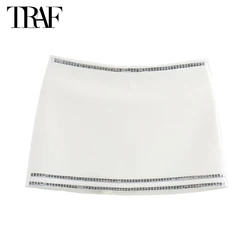 TRAF Sequin White Mini Skirt Women Rhinestone High Waist Skirts for Women Fashion Party Woman Skirts Summer Beach Women's Skirts