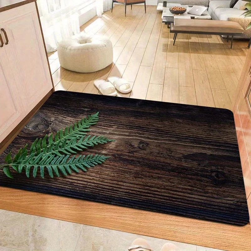 

1pc Crystal Velvet Mat-Fern Pattern Wood Printing Machine Wash Mat with Non-slip Soft Rectangular Carpet