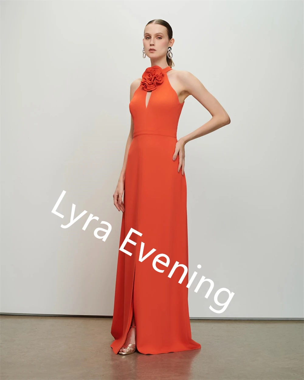 Customized Classic Orange Jersey Evening Dress Halter Party Dress Temperament  Flowers Special Occasion Gowns Delicate  Soft